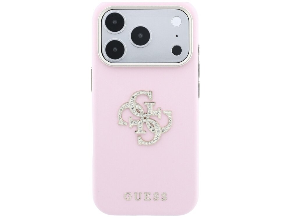Różowe etui na telefon z trzema dużymi otworami na aparaty i jednym mniejszym. Na etui widoczne jest logo GUESS oraz ozdobny wzór z literami G i C.