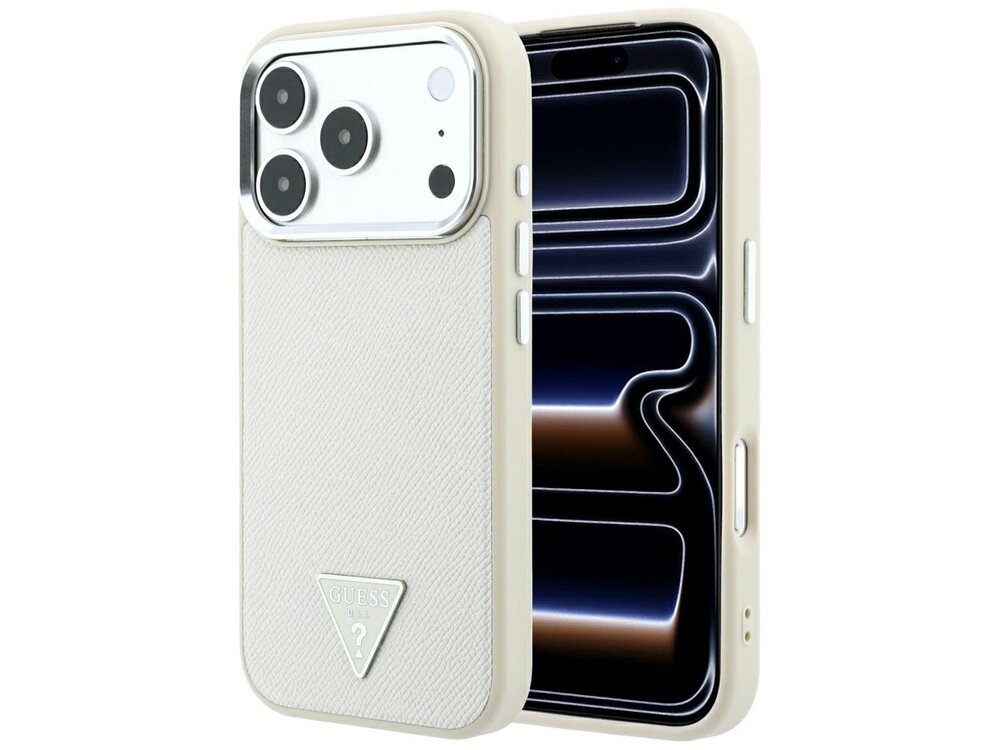 Beżowe etui na telefon z trzema dużymi otworami na aparaty i logo GUESS w kształcie trójkąta. Telefon w etui wyświetla abstrakcyjny wzór na ekranie.