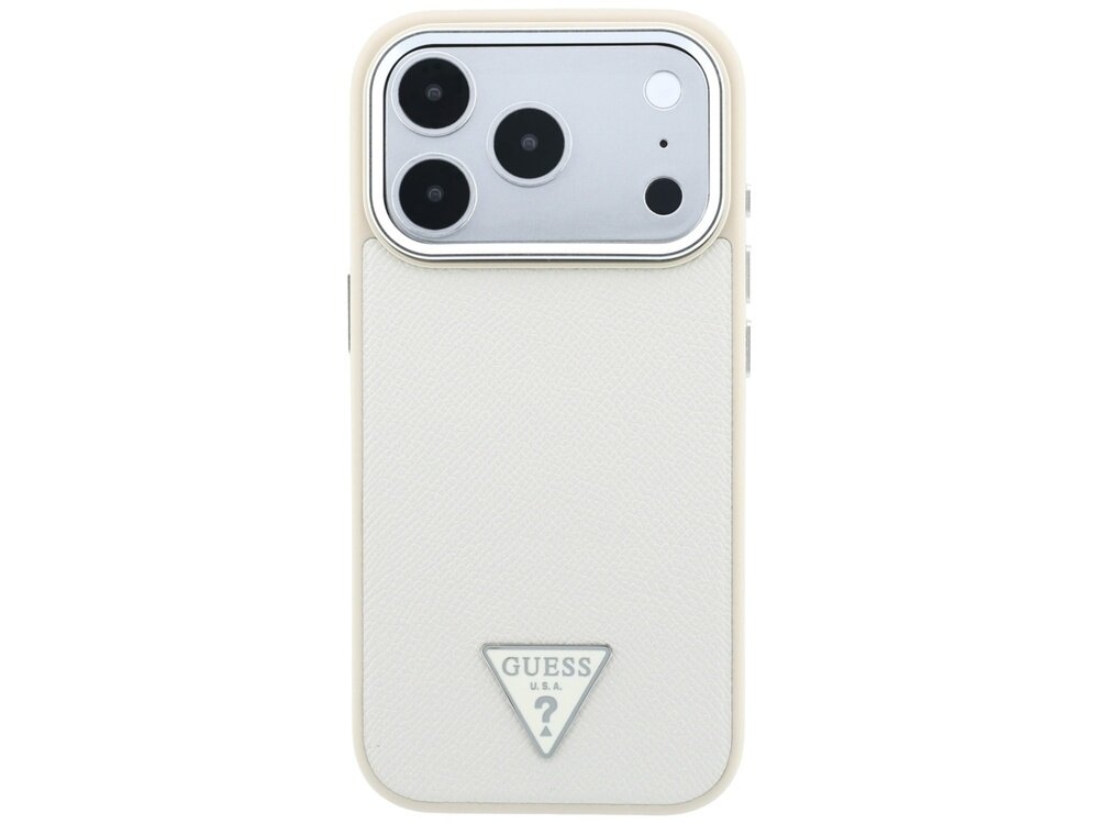 Beżowe etui na telefon z trzema dużymi otworami na aparaty i logo GUESS U.S.A. w kształcie trójkąta na dole.