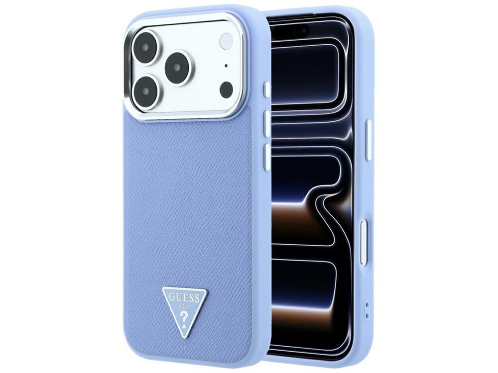 Niebieskie etui na telefon z trzema dużymi otworami na aparaty i logo \'GUESS USA\' w kształcie trójkąta. Etui jest dopasowane do telefonu z widocznymi przyciskami bocznymi.