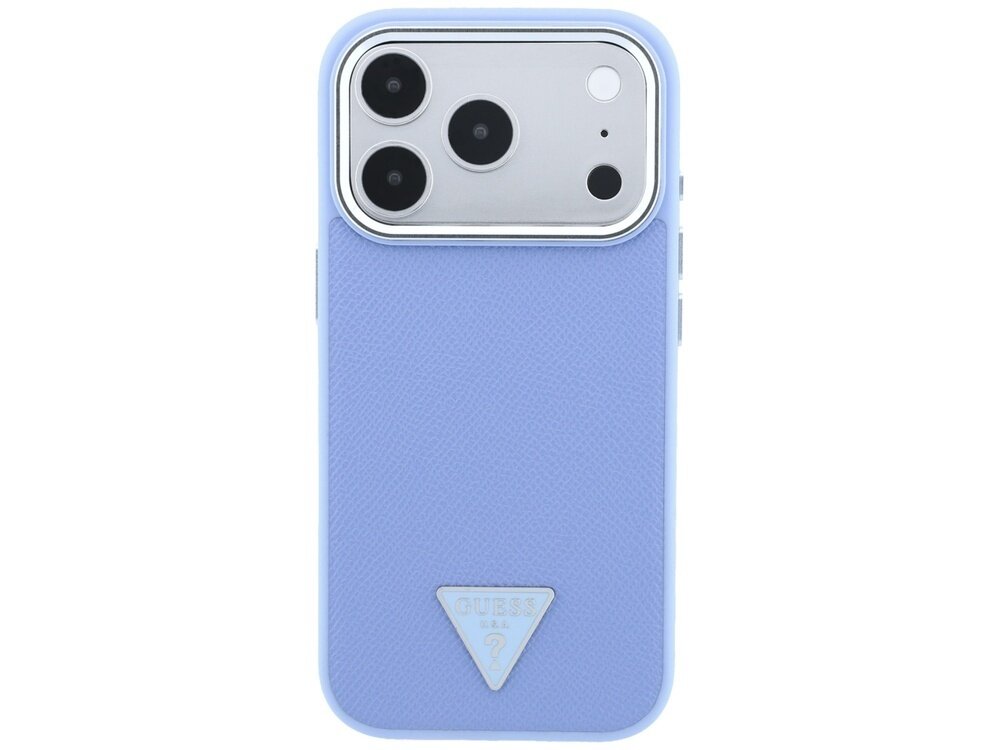 Niebieskie etui na telefon z trzema dużymi otworami na aparaty i jednym mniejszym na lampę błyskową. Na dole widoczne jest trójkątne logo z napisem \'GUESS U.S.A.\'.