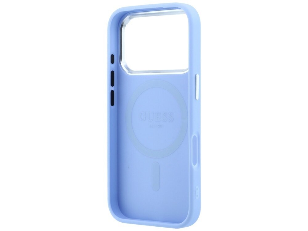 Niebieskie etui na telefon z dużym wycięciem na aparat i napisem \'GUESS\' wewnątrz. Etui posiada okrągły wzór wskazujący na kompatybilność z MagSafe.