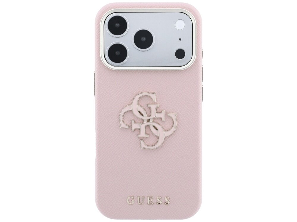 Różowe etui na telefon z dużym logo GUESS w centralnej części. Na dole widoczny jest napis \'GUESS\'.