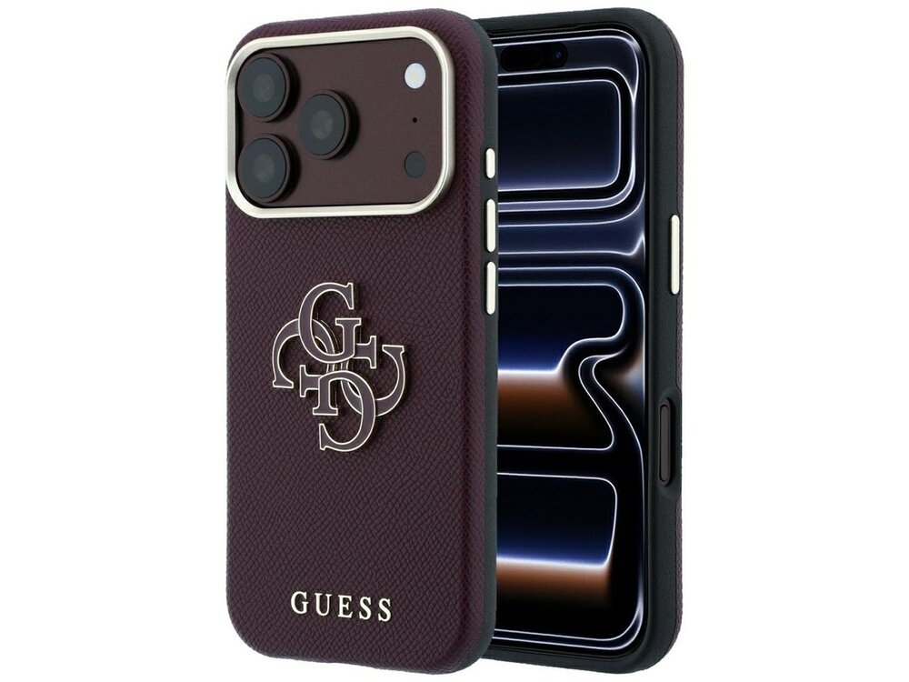 Burgundowe etui na telefon z dużym logo Guess na środku oraz napisem \'GUESS\' na dole. Etui posiada wycięcia na aparat i przyciski boczne.