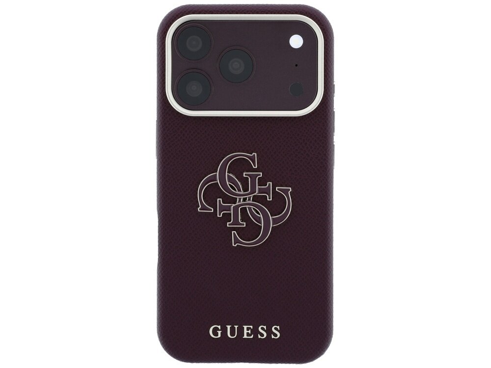 Burgundowe etui na telefon z trzema widocznymi obiektywami aparatu i logo \'GUESS\' na dole. Na środku znajduje się ozdobne logo z literami \'G\' i \'S\'.