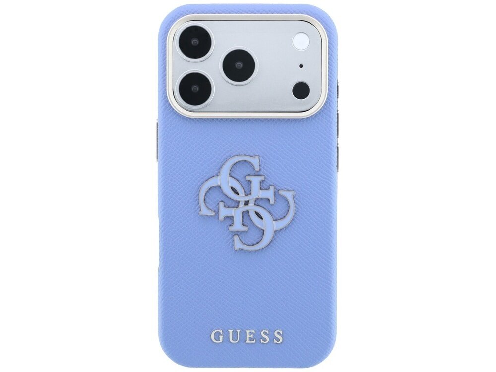 Niebieskie etui na telefon z logo GUESS i ozdobnym wzorem na środku. Widoczne są wycięcia na aparat z trzema obiektywami.