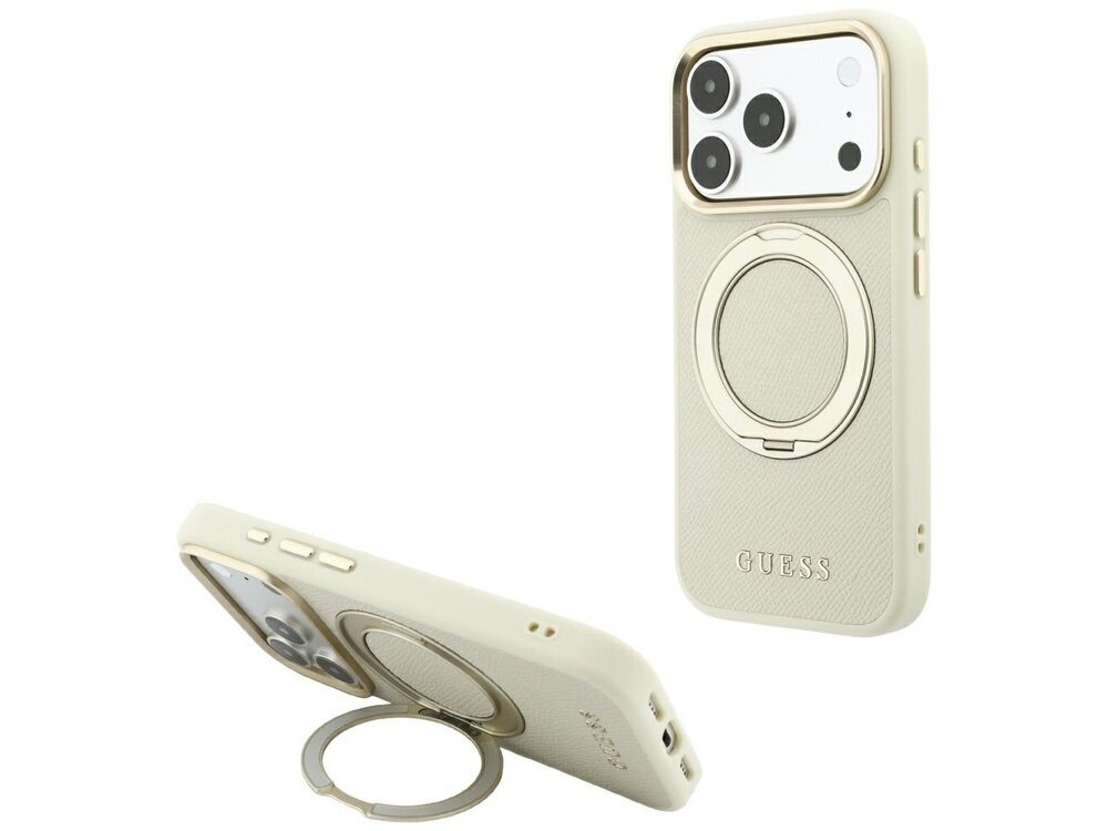 Beżowe etui na telefon z okrągłym uchwytem i napisem \'GUESS\' na dole. Etui posiada wycięcia na aparat i przyciski boczne.