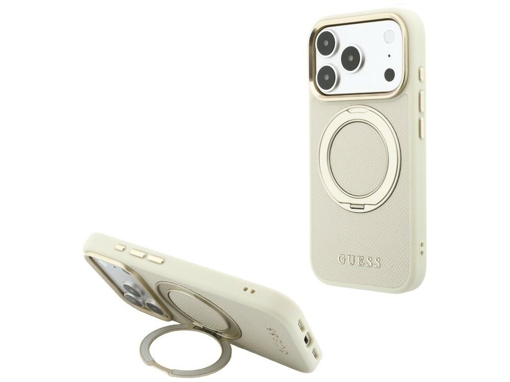 Beżowe etui na telefon z okrągłym uchwytem i napisem \'GUESS\' na dole. Etui posiada wycięcia na aparat i przyciski boczne.