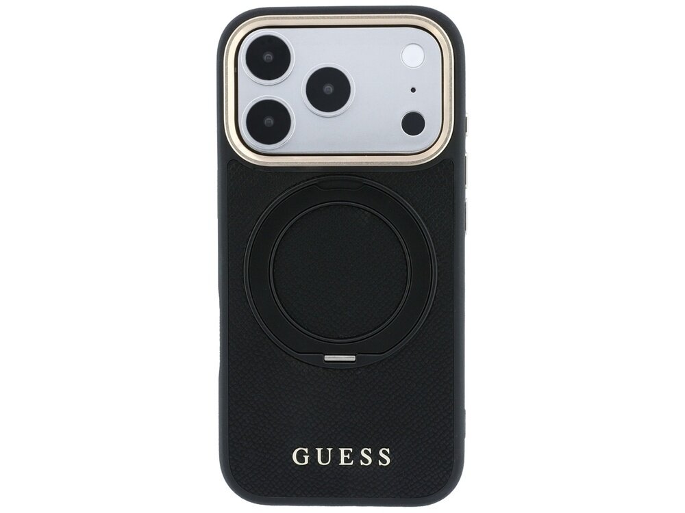 Czarne etui na telefon z trzema dużymi otworami na aparaty i napisem \'GUESS\' na dole. Etui posiada okrągły element na środku, prawdopodobnie do funkcji MagSafe.