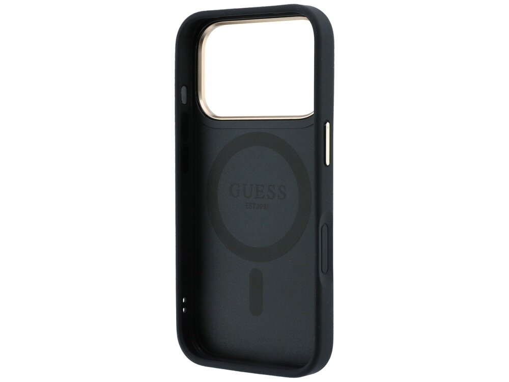 Czarne etui na telefon z dużym otworem na aparat i napisem \'GUESS EST 1981\' wewnątrz. Etui posiada okrągły wzór wskazujący na kompatybilność z MagSafe.