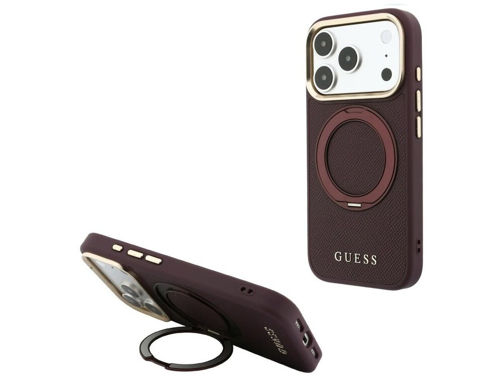 Burgundowe etui na telefon z logo GUESS, posiada okrągły uchwyt na tylnej części. Etui jest przeznaczone do telefonów z systemem MagSafe.
