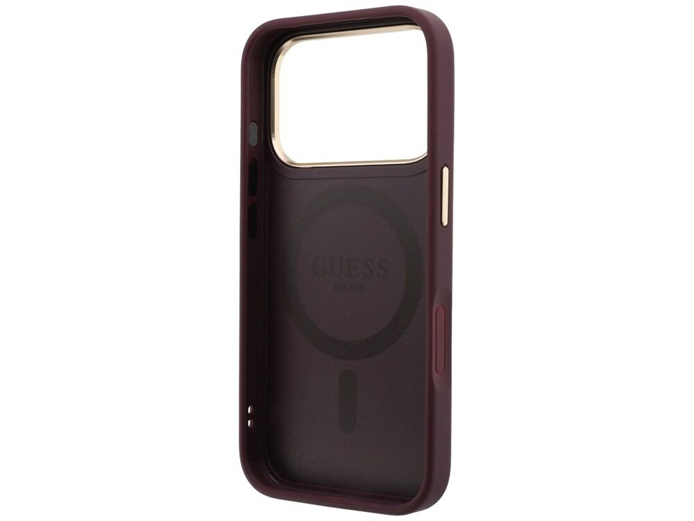 Burgundowe etui na telefon z dużym wycięciem na aparat i logo \'GUESS\' wewnątrz. Etui posiada okrągły wzór wskazujący na kompatybilność z MagSafe.