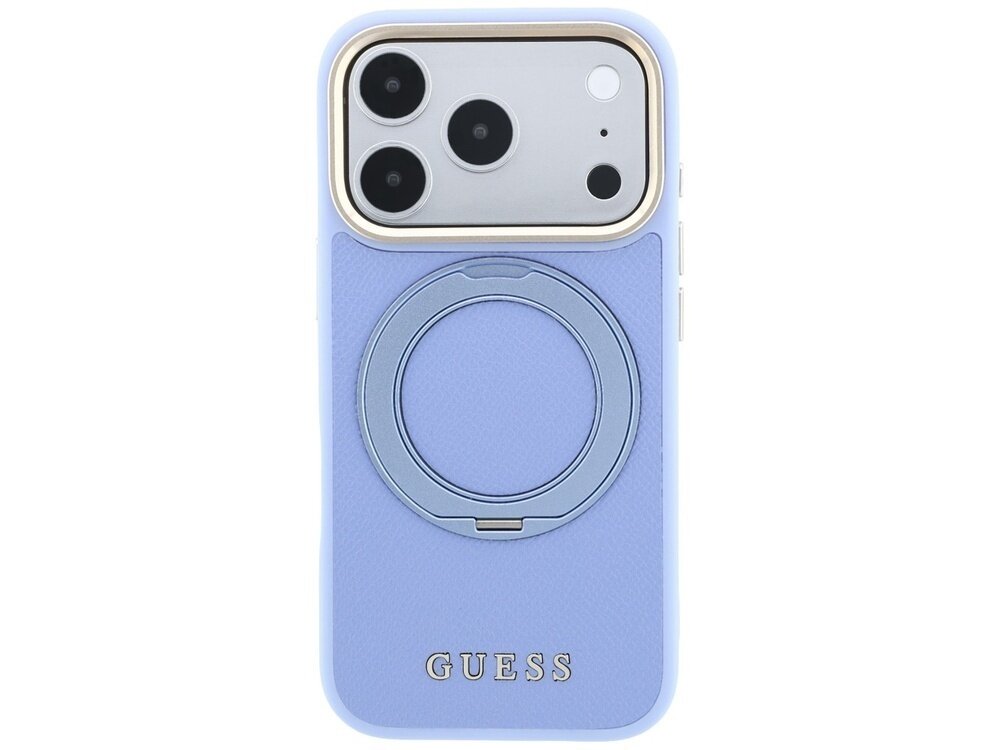 Jasnoniebieskie etui na telefon z okrągłym uchwytem na środku i trzema dużymi otworami na aparat. Na dole widoczny jest napis \'GUESS\'.