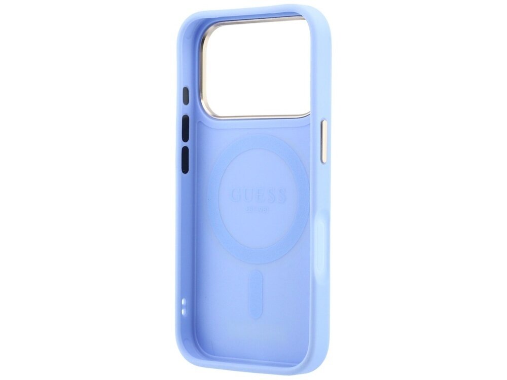 Jasnoniebieskie etui na telefon z dużym otworem na aparat i napisem \'GUESS\' wewnątrz. Etui posiada okrągły wzór na środku oraz kilka przycisków bocznych.
