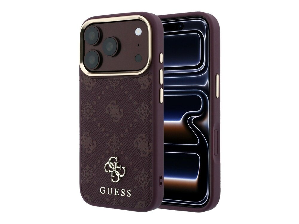 Burgundowe etui na telefon z logo GUESS, ozdobione wzorem 4G i małym logo. Etui jest dopasowane do modelu telefonu z trzema aparatami i przyciskami bocznymi.