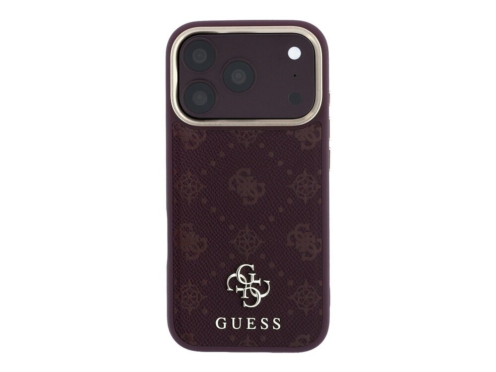 Burgundowe etui na telefon z wzorem 4G i małym logo GUESS w kolorze złotym. Etui posiada wycięcia na aparat i inne elementy telefonu.
