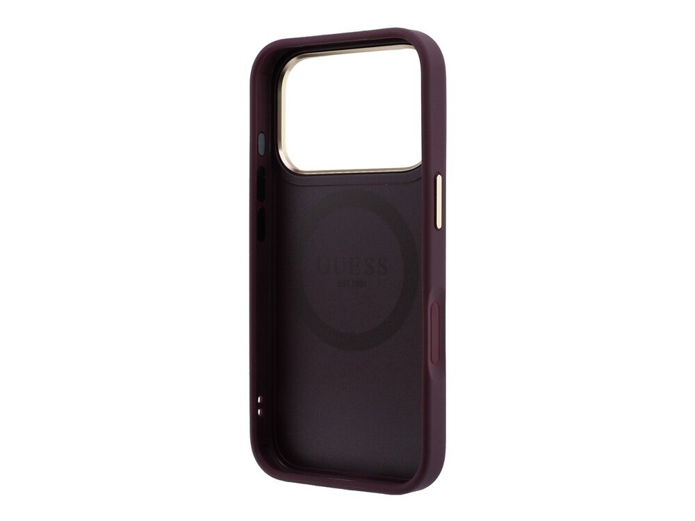 Burgundowe etui na telefon z dużym otworem na aparat i napisem \'GUESS\' wewnątrz. Etui posiada przyciski w kolorze złotym.