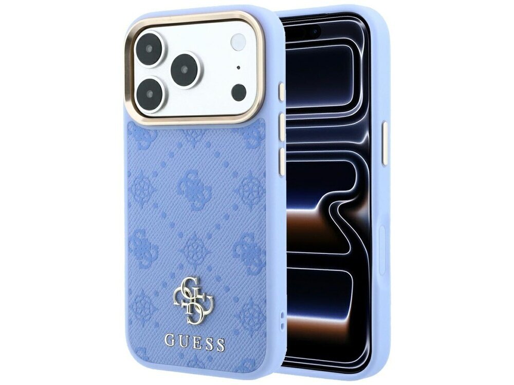 Jasnoniebieskie etui na telefon z wzorem 4G i małym logo GUESS. Etui jest dopasowane do telefonu z trzema aparatami i posiada funkcję MagSafe.