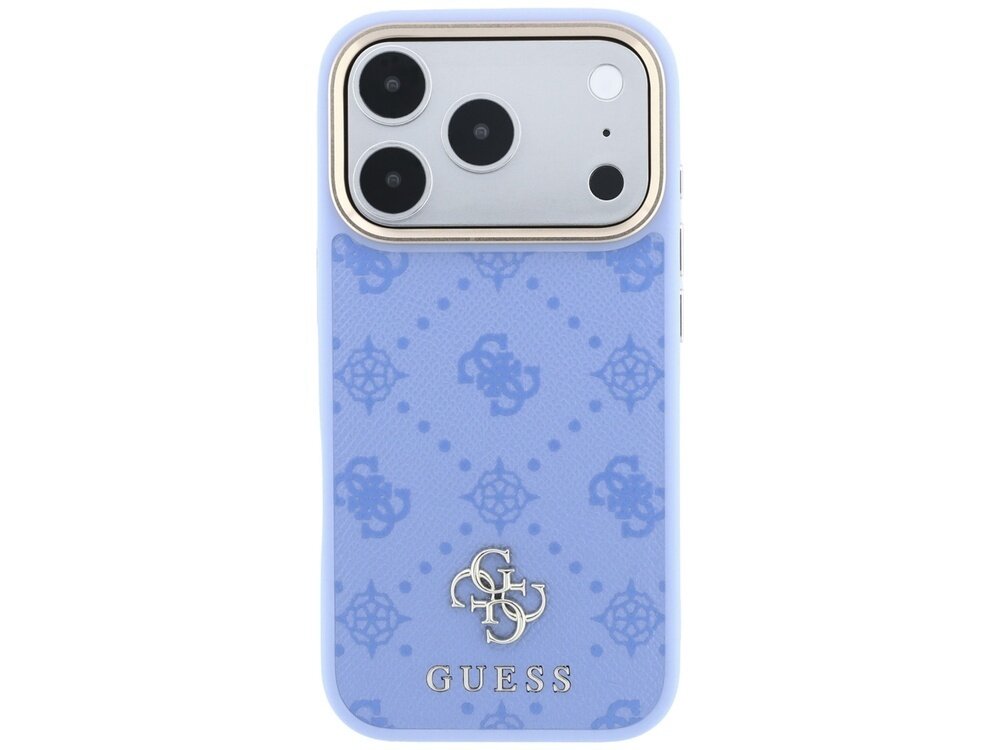 Jasnoniebieskie etui na telefon z wzorem 4G i małym logo GUESS na dole. Etui posiada wycięcia na trzy obiektywy aparatu i inne elementy telefonu.