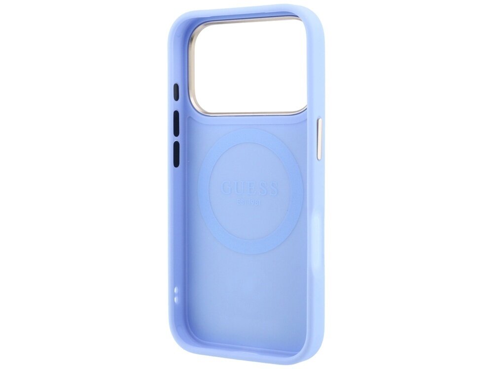 Jasnoniebieskie etui na telefon z dużym otworem na aparat i logo GUESS wytłoczonym na środku. Etui posiada przyciski boczne w kolorze czarnym i srebrnym.