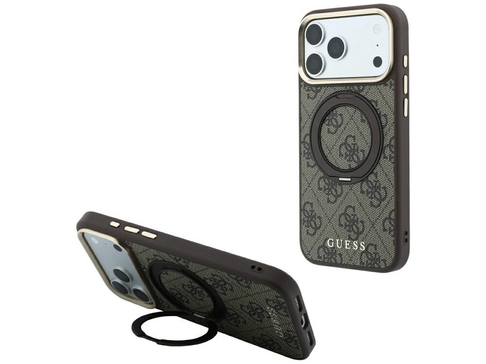 Obraz przedstawia brązowe etui na telefon z wzorem i napisem \'GUESS\'. Etui posiada okrągły uchwyt na tylnej części oraz wycięcia na aparat i przyciski.