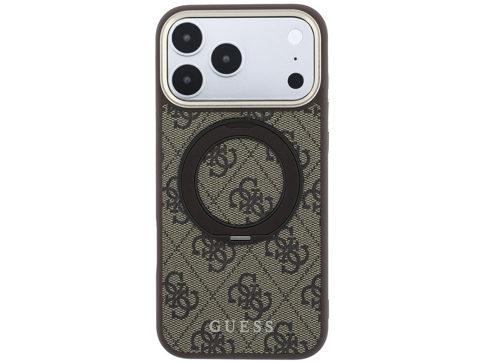 Etui na telefon z brązowym wzorem i logo GUESS, posiada okrągły uchwyt na środku. W górnej części widoczny jest aparat telefonu z trzema obiektywami.