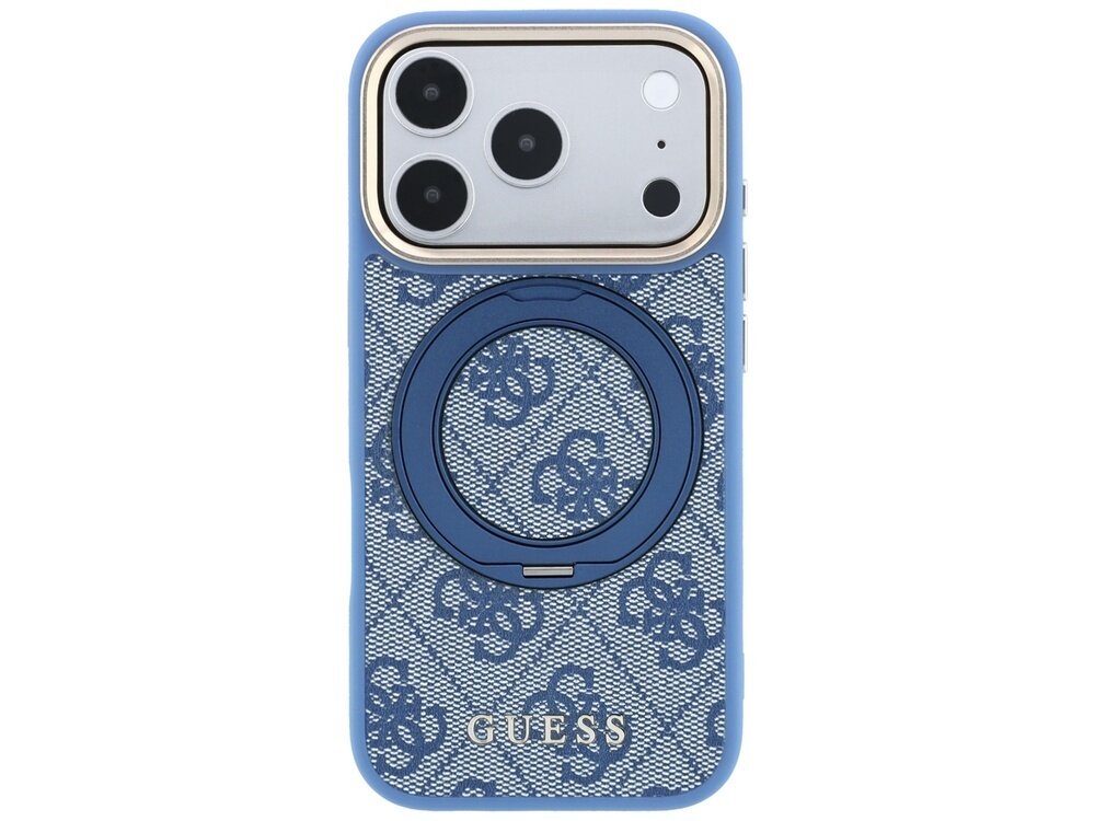 Niebieskie etui na telefon z wzorem i logo \'GUESS\' na dole, posiada okrągły uchwyt na środku. Widać aparat telefonu z trzema obiektywami.