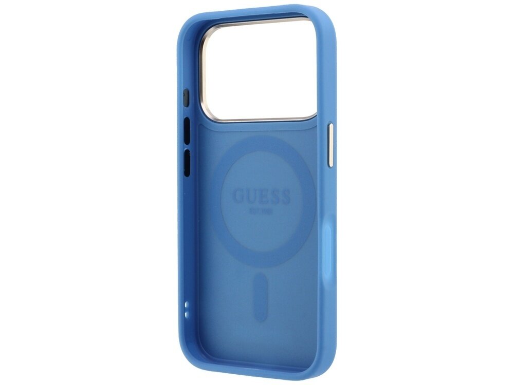 Niebieskie etui na telefon z dużym otworem na aparat i napisem \'GUESS\' wewnątrz. Etui posiada przyciski boczne i okrągły wzór na środku.