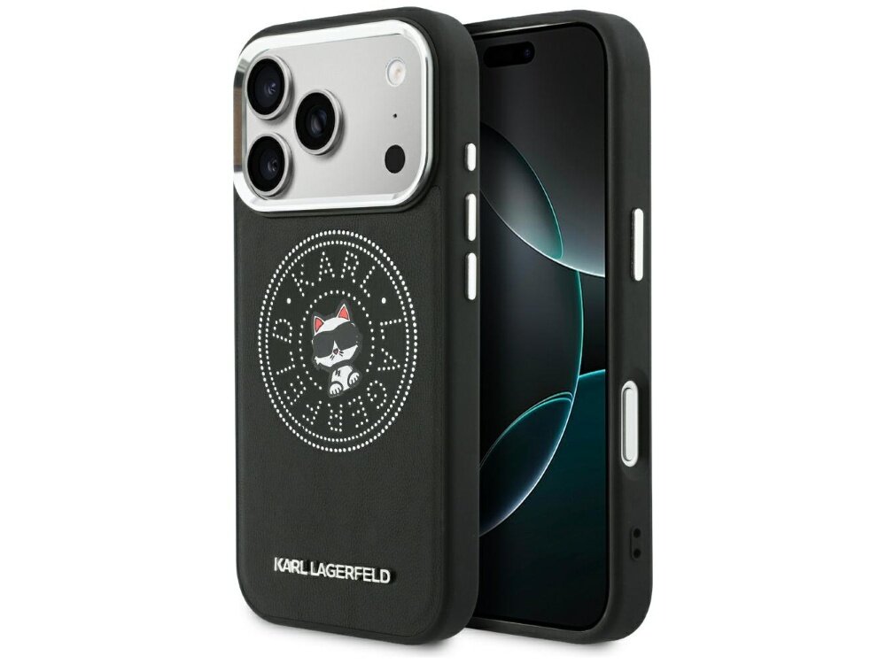Czarne etui na telefon z grafiką kota w okularach przeciwsłonecznych i napisem \'KARL LAGERFELD\' na dole. Etui jest dopasowane do telefonu z trzema obiektywami aparatu.