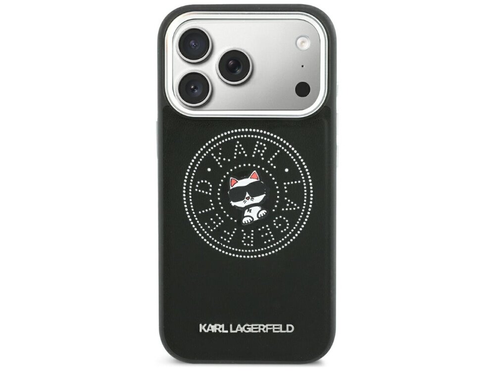 Czarne etui na telefon z grafiką przedstawiającą kota w okularach przeciwsłonecznych, otoczonego napisem \'KARL LAGERFELD\'. Na dole widoczny jest napis \'KARL LAGERFELD\'.
