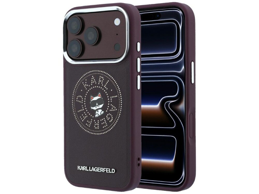 Burgundowe etui na telefon z logo KARL LAGERFELD i grafiką kota w okularach. Etui posiada wycięcia na aparat i przyciski boczne.