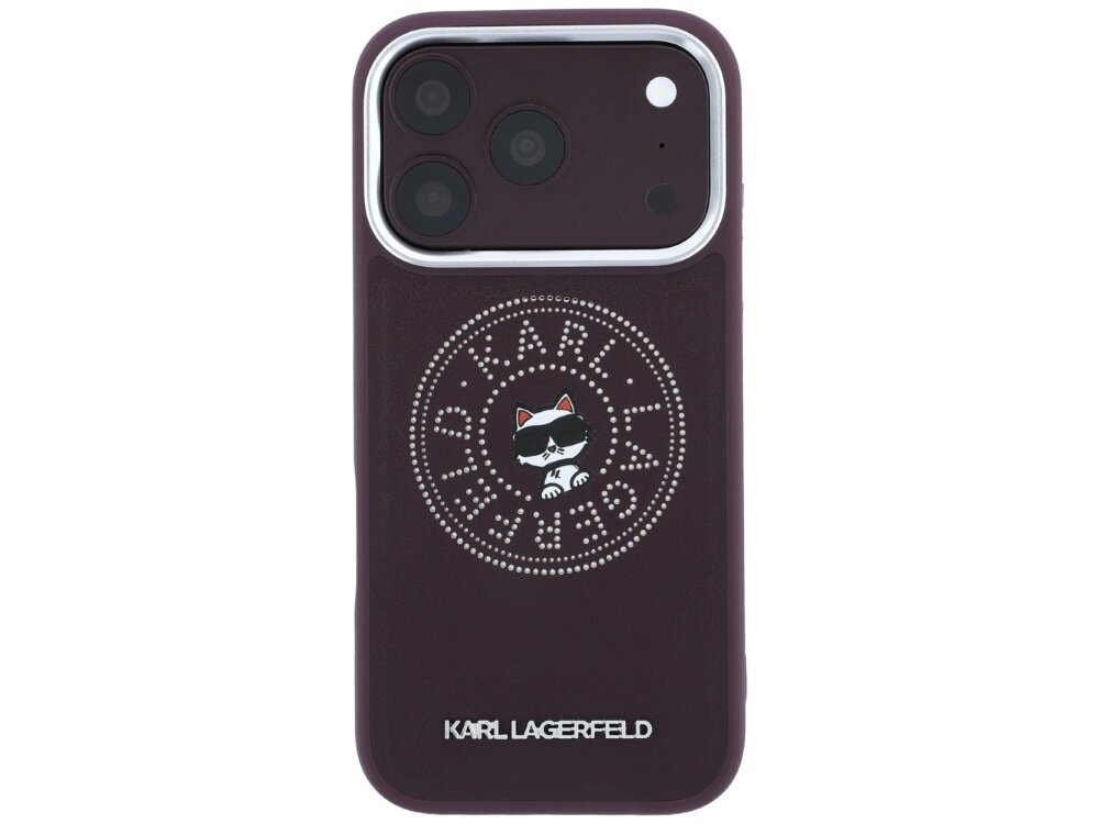 Burgundowe etui na telefon z logo \'KARL LAGERFELD\' i grafiką kota w okularach przeciwsłonecznych. Na dole widoczny jest napis \'KARL LAGERFELD\'.
