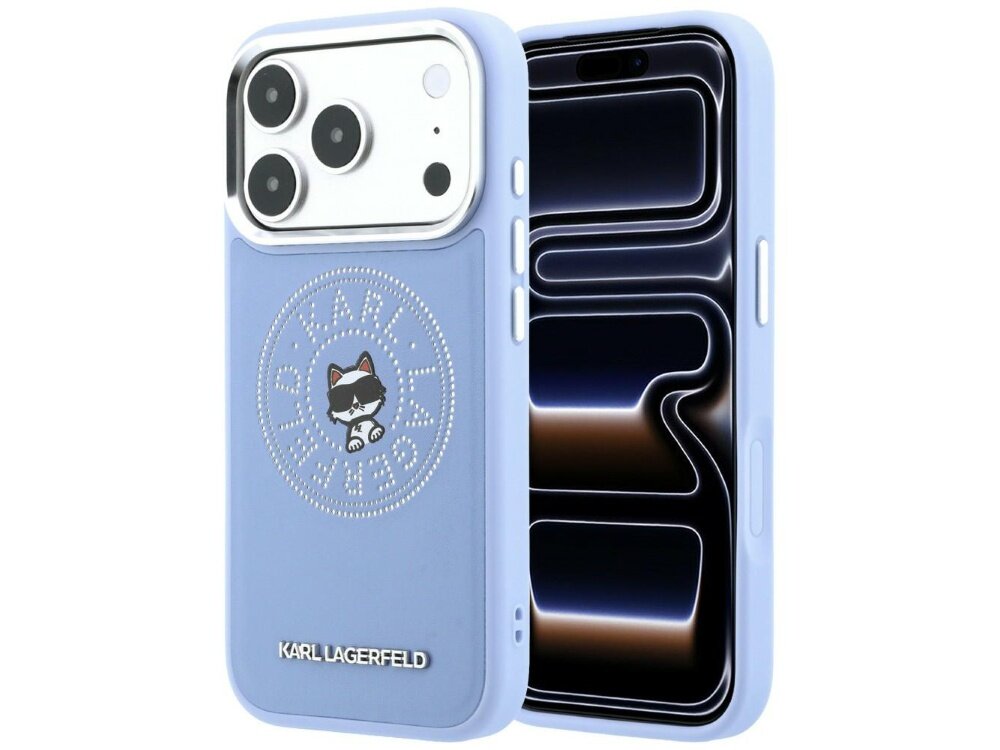 Niebieskie etui na telefon z logo KARL LAGERFELD i grafiką kota w okularach. Etui jest dopasowane do telefonu z trzema aparatami i posiada wycięcia na przyciski.