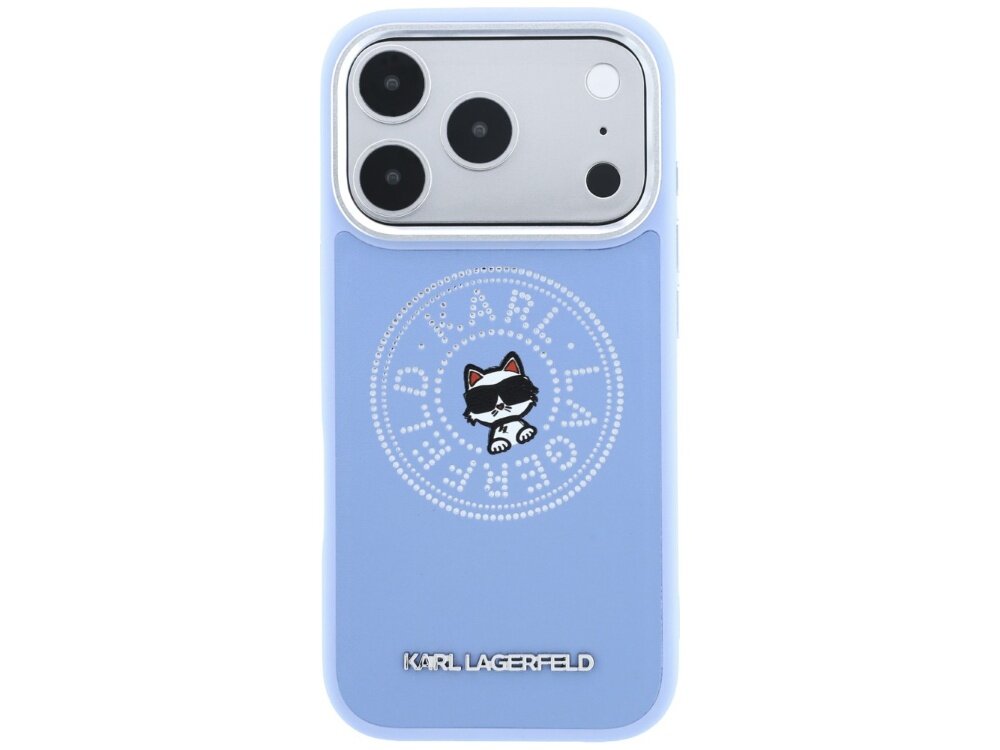 Niebieskie etui na telefon z trzema dużymi otworami na aparaty i jednym mniejszym na lampę błyskową. Na etui znajduje się logo \'KARL LAGERFELD\' oraz grafika przedstawiająca kota w okularach przeciwsłonecznych.