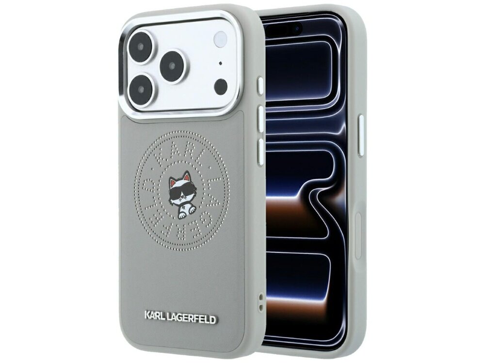 Szare etui na telefon z logo KARL LAGERFELD i grafiką kota w okularach. Etui jest dopasowane do modelu telefonu z trzema aparatami i posiada wycięcia na przyciski.