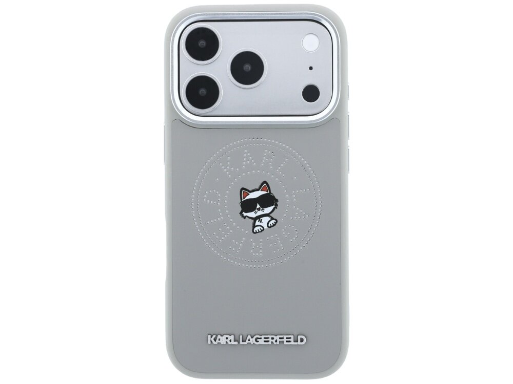 Szare etui na telefon z trzema dużymi otworami na aparaty i mniejszymi na inne elementy. Na etui widoczne jest logo \'KARL LAGERFELD\' oraz grafika przedstawiająca kota w okularach przeciwsłonecznych.