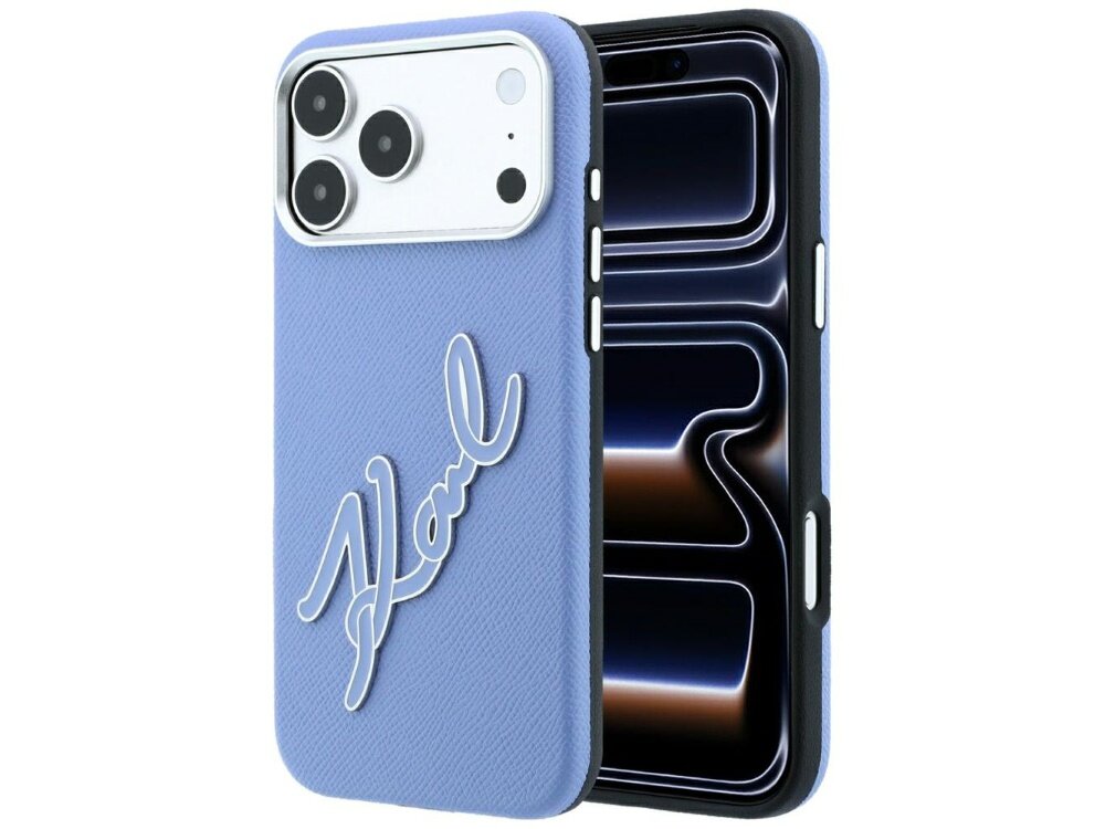 Niebieskie etui na telefon z dużym, białym napisem \'Karl\' na tylnej części. Etui jest założone na telefon z trzema widocznymi obiektywami aparatu.
