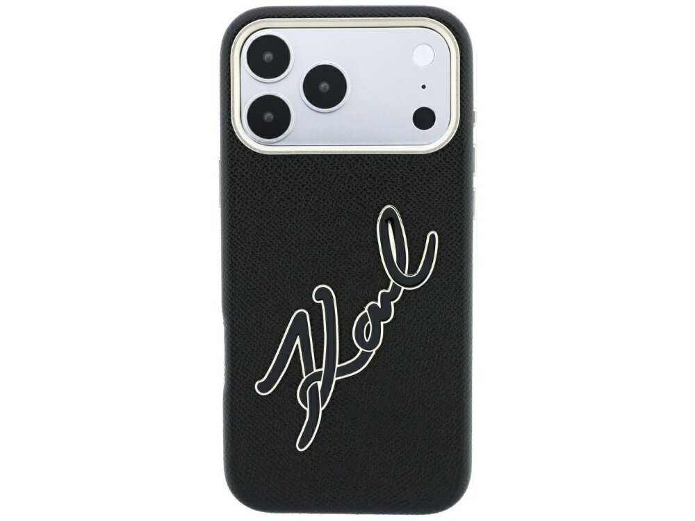 Czarne etui na telefon z dużym, białym napisem \'Karl\' na dole. Etui posiada wycięcia na trzy obiektywy aparatu i dodatkowe otwory na inne elementy telefonu.