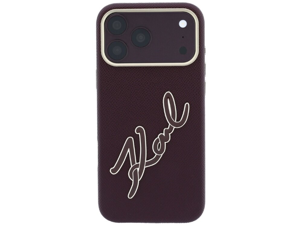 Burgundowe etui na telefon z trzema widocznymi obiektywami aparatu i podpisem \'Karl\' w białym kolorze.