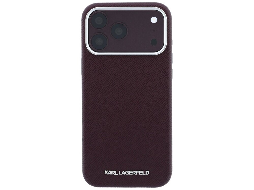 Burgundowe etui na telefon z trzema widocznymi obiektywami aparatu i logo \'KARL LAGERFELD\' na dole.