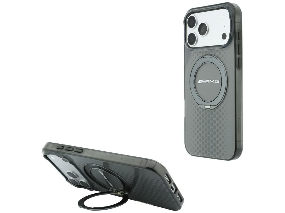 Szare etui na telefon z okrągłym uchwytem i logo \'AMG\' na tylnej części. Etui posiada teksturę w kształcie sześciokątów i jest przeznaczone do telefonu z trzema dużymi otworami na aparat.