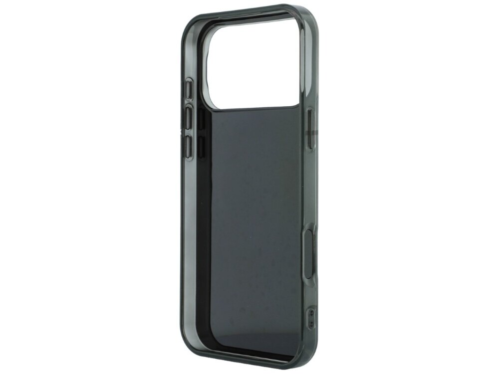 Szare etui na telefon z wycięciem na aparat i przyciski, wykonane z przezroczystego materiału z ciemnym obramowaniem.