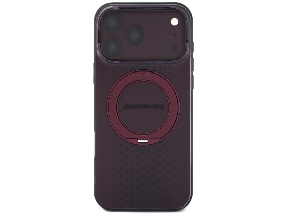Burgundowe etui na telefon z okrągłym uchwytem MagSafe i logo AMG na tylnej części. Etui ma teksturę przypominającą plastry miodu i jest przeznaczone do modelu iPhone z trzema aparatami.