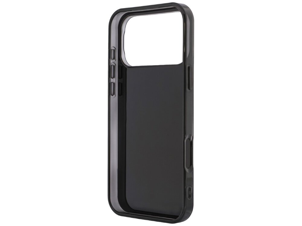 Czarne etui na telefon z wycięciem na aparat i przyciski boczne. Etui ma gładką powierzchnię i jest przeznaczone do ochrony urządzenia.