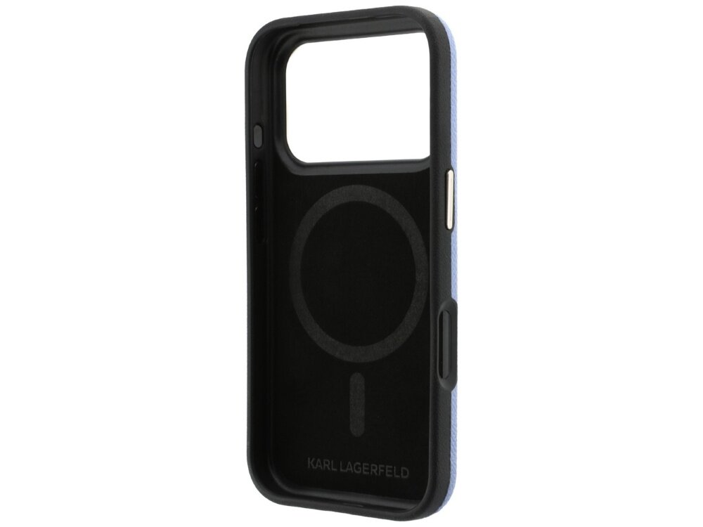 Etui na telefon w kolorze jasnoniebieskim z czarnym wnętrzem, posiada wycięcie na aparat i logo \'KARL LAGERFELD\' na dole. Wewnątrz widoczny jest okrągły wzór MagSafe.