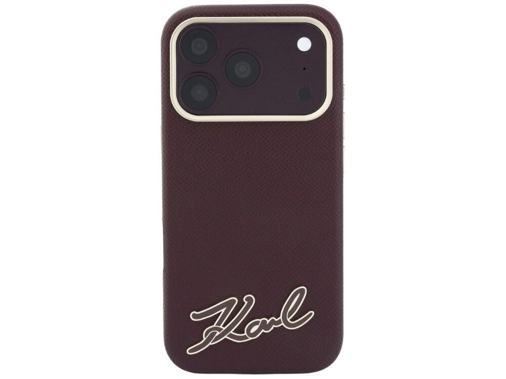 Burgundowe etui na telefon z trzema otworami na aparaty i podpisem \'Karl\' w dolnej części. Etui ma teksturę przypominającą skórę.