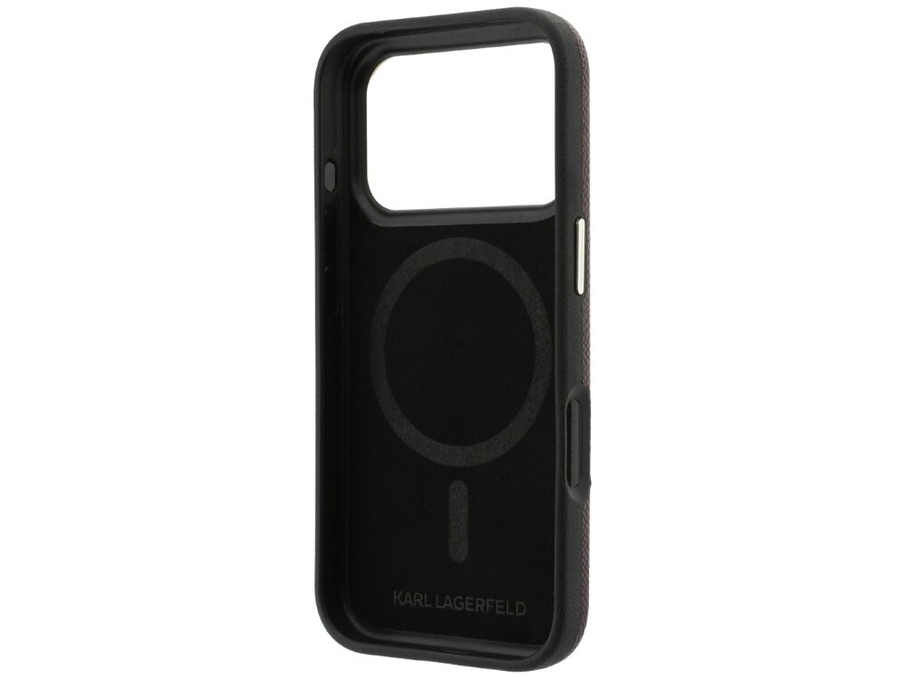 Etui w kolorze burgundowym z logo \'KARL LAGERFELD\' na dole, przeznaczone do iPhone z funkcją MagSafe. Wnętrze etui posiada okrągły wzór wskazujący na kompatybilność z MagSafe.