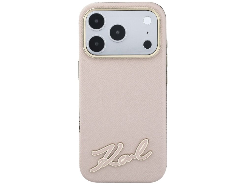 Różowe etui na telefon z trzema widocznymi obiektywami aparatu i napisem \'Karl\' na dole. Etui ma teksturę przypominającą skórę i złote wykończenie wokół aparatu.