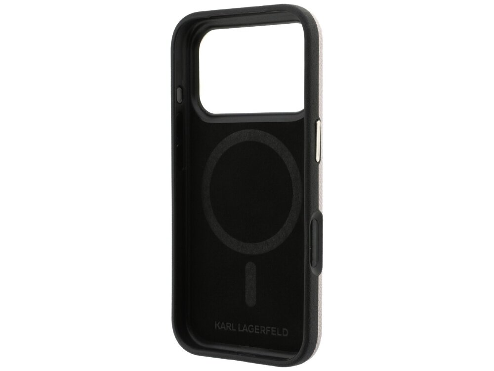 Czarne etui na telefon z dużym otworem na aparat i napisem \'KARL LAGERFELD\' na dole. Wewnątrz widoczny jest okrągły wzór sugerujący kompatybilność z MagSafe.