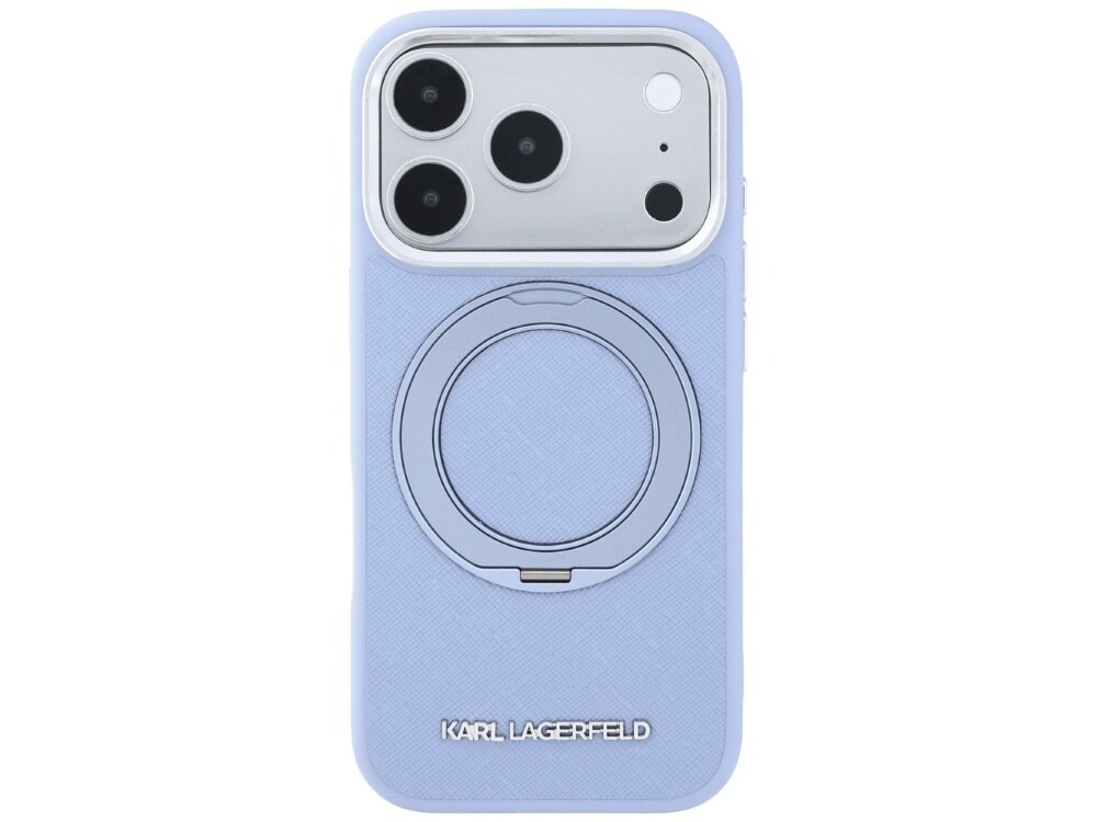 Jasnoniebieskie etui na telefon z okrągłym uchwytem i logo \'KARL LAGERFELD\' na dole. Widoczny jest aparat telefonu z trzema obiektywami.